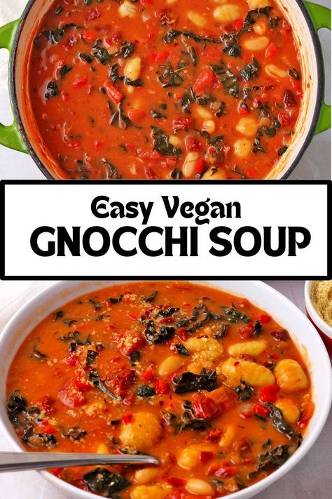 Enjoy a delicious dinner in 40 minutes or less with this easy vegan gnocchi soup recipe. Made with healthy plant-based, dairy free ingredients and prepared without added oil. You’ll love the rich Italian (Tuscan) flavor. And with this quick and easy recipe, homemade soup is on the menu busy weeknights. Gnocchi Soup Vegan, Vegan Italian Soup, Italian Vegan Recipes, Vegan Gnocchi Soup, Vegan Gnocchi, Vegan Chicken Salad, Gnocchi Recipes Soup, Vegan Soups And Stews, Peanut Sauce Recipe