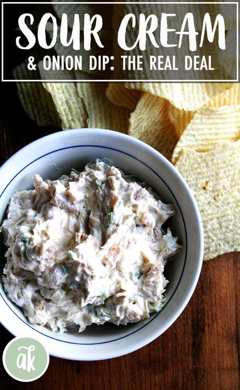 REAL sour cream and onion dip — so good. So many of the most-adored party dip recipes call for opening a pack of soup mix filled mostly with dehydrated ingredients, two days worth of the recommended salt intake, MSG and a host of nitrates and preservatives. Fortunately, homemade sour cream and onion dip is astonishingly easy to prepare. #real #sourcream #onion #dip #appetizer Sour Cream And Onion Dip, Homemade Sour Cream, Party Dip Recipes, Dipping Oil, Dry Mixes, Party Dip, Wisconsin Cheese, Condiment Recipes, Salsa Dip