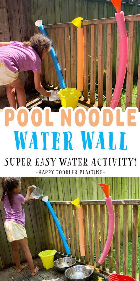 Pool Noodle Water Wall - HAPPY TODDLER PLAYTIME Toddler Summer Outdoor Activities, Summertime Toddler Activities, Water Day Preschool Activities, Summer Camp Water Day Activities, Water Day Activities For Toddlers, Backyard Water Play Ideas, Water Games Preschool, Hot Day Activities Preschool, Pool Noodle Water Play