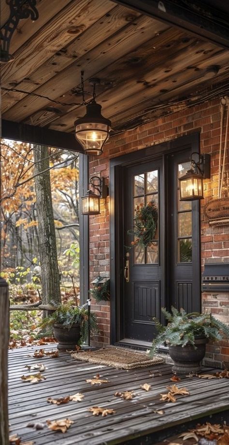 Log Cabin Fall Porch, Front Porch Lighting, Cabin Exterior, Casa Vintage, Porch Lighting, The Porch, Porch Patio, Log Homes, Front Doors