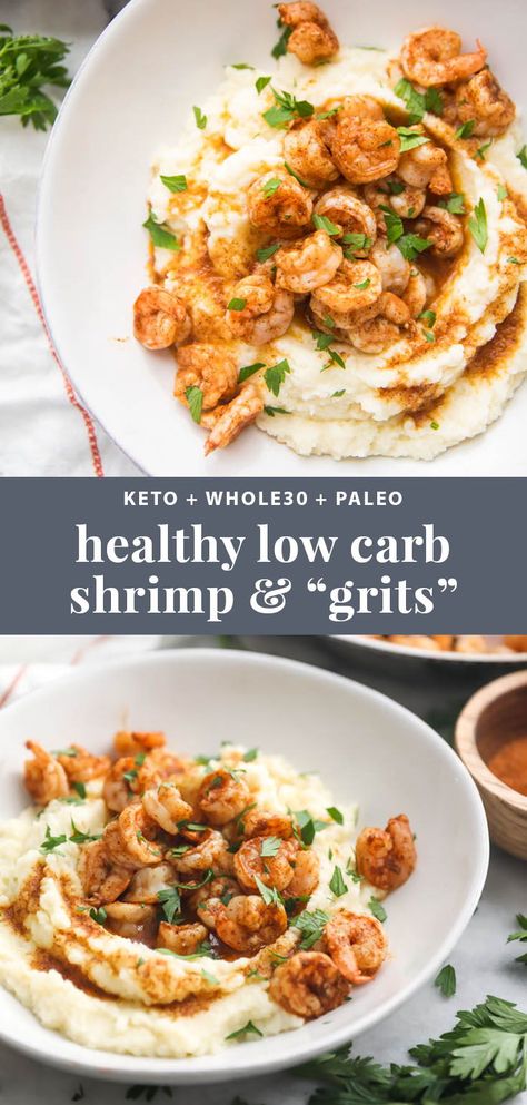 This healthy shrimp and grits recipe might just blow you away. With only 5 ingredients in the whole dish, it's packed full of flavor. This Whole30 dinner recipe is crazy easy and fast, too. Cauliflower grits make this dish low carb, keto, and paleo! #keto #shrimp Healthy Shrimp And Grits, Cauliflower Grits, Shrimp N Grits Recipe, Keto Shrimp, Whole30 Dinner, Whole30 Dinner Recipes, Whole30 Dinners, Grits Recipe, Healthy Shrimp