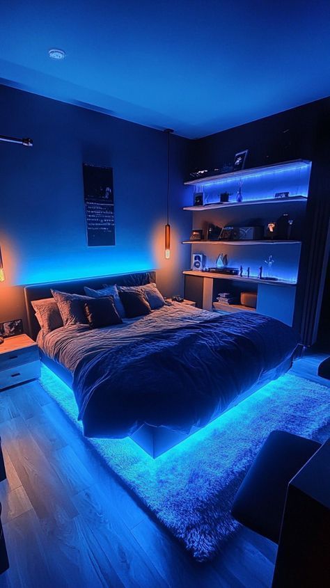 Teenagers Boys Bedroom, Dope Rooms Bedrooms, Room Lighting Ideas Bedrooms, Room Decor Ideas For Boys, Chill Room Ideas Bedrooms, 2000s Bedroom Aesthetic, Boys Apartment, Blue Bedroom Aesthetic, Teen Boy Bedroom Ideas