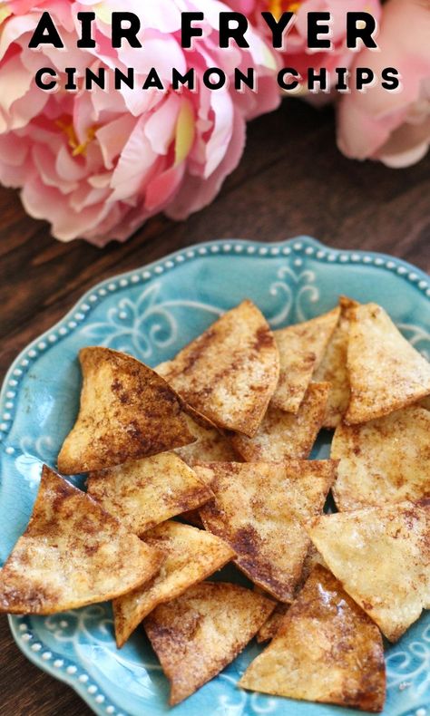 Air fryer cinnamon chips are SO quick and easy to make! Use corn tortillas, sugar, cinnamon, and cooking spray to make this delicious snack! #airfryer #airfryersnacks #airfryerrecipes Snack Airfryer, Tortilla Dessert, Sopapilla Recipe, Cinnamon Sugar Tortillas, Air Fryer Recipes Dessert, Air Fryer Recipes Snacks, Cinnamon Tortilla Chips, Dessert Dip, Cheesecake Dessert