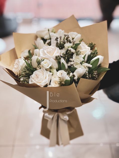 White Rose And Tulip Bouquet, White Roses And Tulips Bouquet, White And Brown Bouquet, White Rose Bouquet Aesthetic, White Roses Bouquet Aesthetic, White Tulip Bouquet, Man Bouquet, Roses Bouquet Gift, Flower Boquet