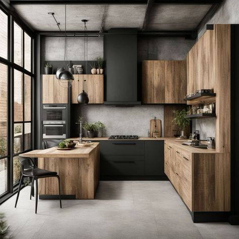 Have you ever wondered which modern kitchen design trends will endure? Discover the timeless features that will transform your culinary space for years to come. Kitchen Black And Wood Modern, Black Kitchen Aesthetic Modern, Wood And Dark Kitchen, Industrial Wood Interior Design, Kitchen Design Black And Wood, Black Kitchens With Wood, Black And Wood Kitchen Decor, Kitchen Black And Wood, Wood And Black Kitchen