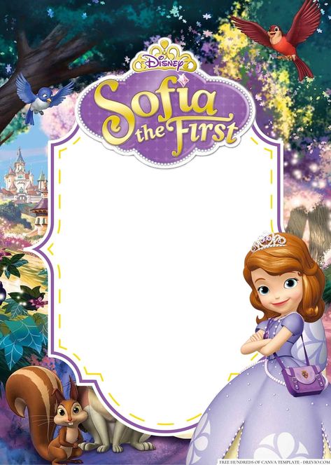 Sofia Birthday Invitation, Princess Sofia Invitations, Minnie Mouse Stickers, Princess Banner, Kid Birthday Outfits, Princesa Sophia, Printable Frames, Diy Birthday Invitations, Happy Birthday Printable