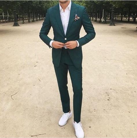 Pine Green Suit with White Sneakers handsome and fashion look Suit With Sneakers, Suit For Prom, Prom Outfits For Guys, Green Suit Men, White Outfit For Men, Suits And Sneakers, Mens Fashion Suits Casual, Prom Suits For Men, Black Outfit Men