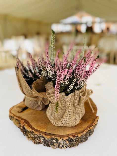 Beautiful potted Heather within littkd hessian sacks Heather Table Decor, Heather Flower Arrangements, Heather Table Decorations, Heather Wedding Decoration, Hessian Table Decor, Heather Wedding Bouquet, Hessian Flowers, Hessian Wedding, Bud Vase Centerpiece