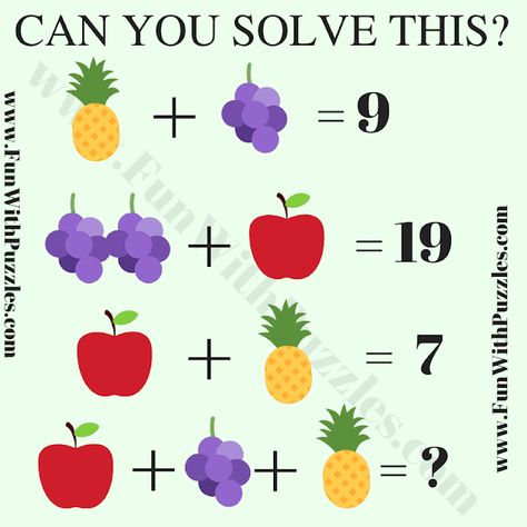 This is an easy Maths Quiz Puzzle Question for school-going kids. Solving this puzzle will test your algebraic skills. In this maths puzzle, are you shown some number equations. The variables in these number equations are represented by the fruits. Your challenge in this puzzle is to find the value of each fruit and then solve this last equation.This is an easy mathematical puzzle for kids. If you are a teen or adult then try to solve this puzzle without using paper or pen. Try to solve this puz Multiplication Quiz, Funny Quiz Questions, 7th Grade Math Worksheets, Logic Math, Math Quiz, Math Quizzes, Fun Quiz Questions, Gk Quiz Questions, Language Quiz