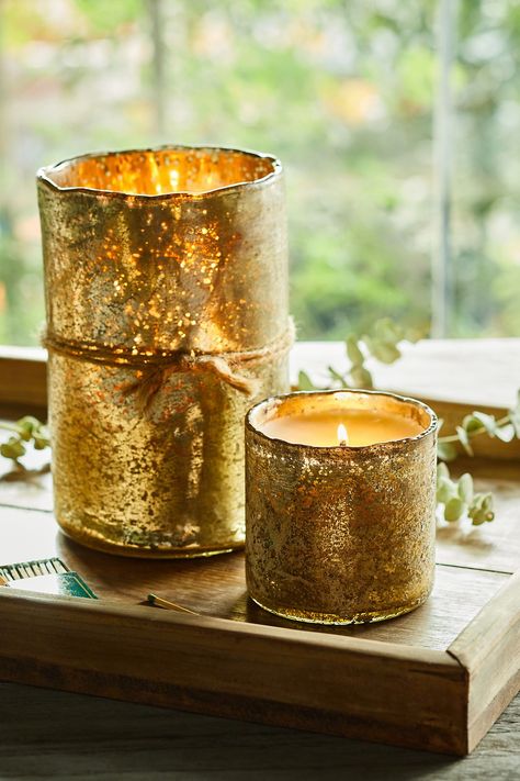 Scented with notes of spicy ginger, bright grapefruit, earthy patchouli, musk, and sandalwood, this candle is hand-poured into a mercury glass vessel. Mercury Candle Holders, Metallic Decor, Fall Candles, Humble Abode, Glass Vessel, Copper Metal, Great Gatsby, Mercury Glass, Handmade Candles