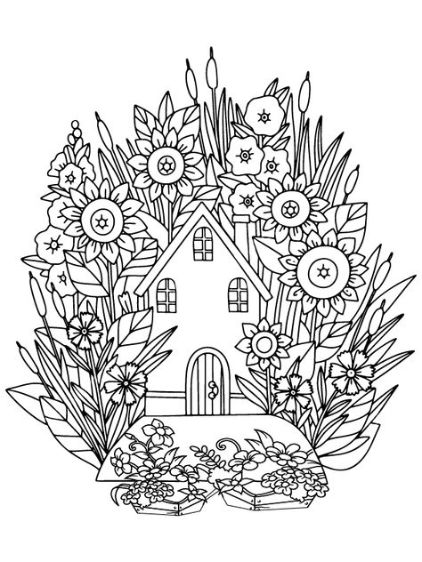 Sweet Farmhouse Cottagecore Coloring Page Beltane Coloring Pages, Cottagecore Coloring Pages, Cottagecore Coloring Pages Free Printable, Garden Coloring Pages Free Printable, Cottagecore Tumblr, Free Printable Mushroom Coloring Pages For Adults, Mushroom Cottagecore, Tumblr Banner, Flowers Drawing