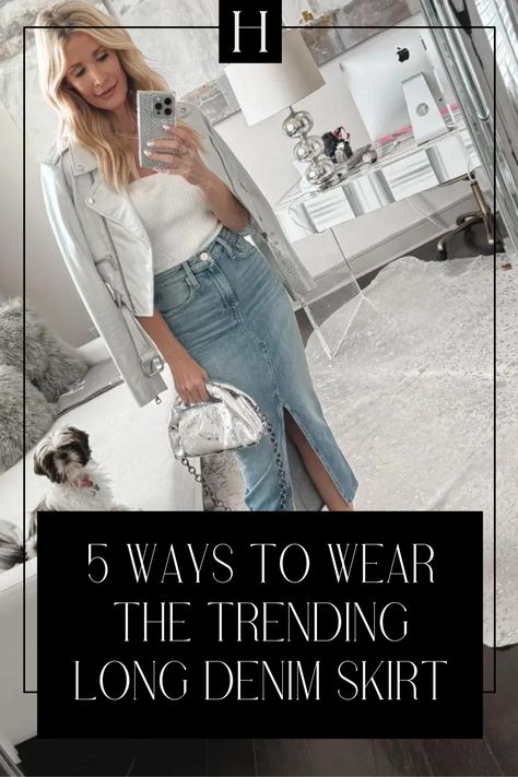 If you’re ready to elevate your wardrobe with one of the hottest denim trends of 2024, let’s dive into my list of 5 ways to style a long denim skirt! Visit the blog to see more Denim Skirt Outfit 2024, Denim Skirt 2024, How To Wear A Long Jean Skirt, Outfit With Long Denim Skirt, Skirts 2024 Trends, What To Wear With Long Denim Skirt, How To Wear Long Denim Skirt, Styling A Long Denim Skirt, What To Wear With A Denim Skirt