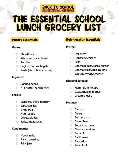 Grocery List For School Lunches, Back To School Grocery Shopping List, Snack Grocery List, Lunch Shopping List, School Lunch Grocery List, Lunch Grocery List, School Clothes Shopping List, Vegetarian School Lunches, Middle Space