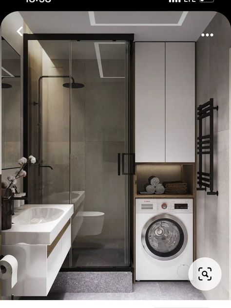 Small Bathroom Ideas With Shower And Washing Machine, Bathroom Ideas With Washmachine, Mala Kupatila Ideje, Bathroom Design With Washing Machine, Small Bathroom With Washer And Dryer, Washing Machine In Bathroom, Small Bathroom With Laundry, Laundry In Kitchen, Laundry Bathroom Combo