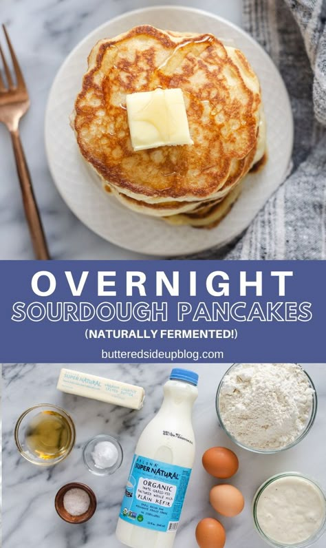 These sourdough pancakes are made with an overnight batter so they can ferment while you're sleeping! Plus they have a special ingredient that makes them 👌🏻 #sponsored #sourdough #naturallyleavened #levain #fermented #butteredsideupblog Sourdough Pancakes Recipe Overnight, Sourdough Pancakes Overnight, Sourdough Buttermilk Pancakes, Sourdough Cottage Cheese Pancakes, Overnight Pancake Batter, Sourdough Pancake Muffins, Overnight Sourdough Pancakes, Sourdough Hotcakes, Sourdough Donut