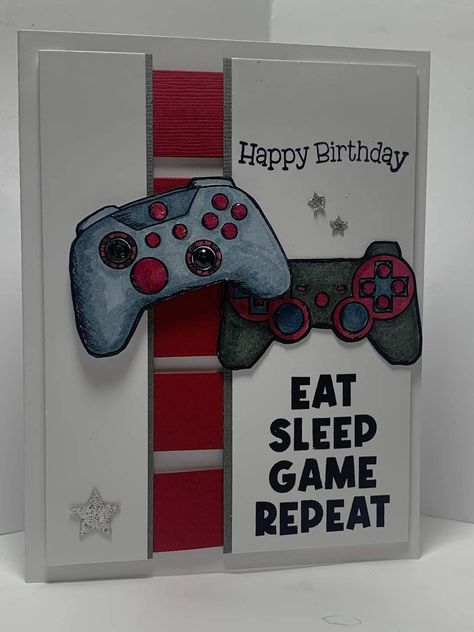 Stampin Up Video Game Card, Diy Birthday Cards For Gamers, Gamer Birthday Cards Handmade, Cricut Cards For Men, Playstation Card Ideas, Birthday Card Ideas For Gamers, Birthday Card For Gamer, Gaming Birthday Card Ideas, Su Level Complete Cards