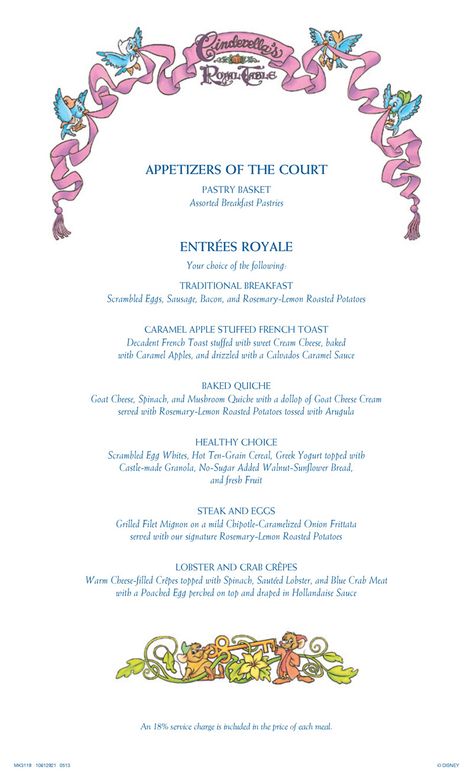 Cinderella's Royal Table Breakfast Menu Cinderella Menu Ideas, Princess Recipes, Pastry Basket, Cinderella Royal Table, Table Breakfast, Royal Table, Traditional Breakfast, Cinderella Party, Christmas Disney