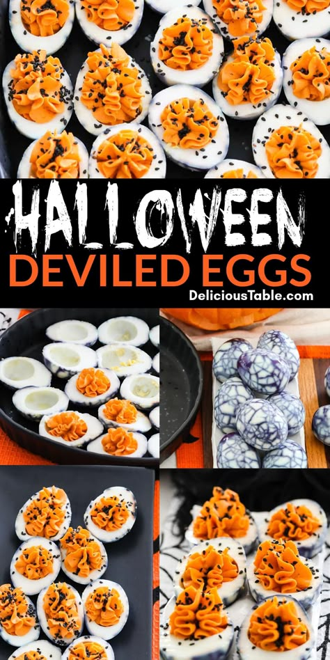 Halloween Deviled Eggs are spooky party appetizers with dark black crackled egg shells filled with bright orange filling. Add some black sprinkles of sesame seeds and pair with some Halloween cocktails or drinks at your Halloween party. Halloween Snacks Deviled Eggs, Halloween Food Ideas Deviled Eggs, Halloween Party Food Deviled Eggs, Eye Deviled Eggs, Halloween Deviled Eggs Recipe, Spooky Deviled Egg Spiders, Spooky Spider Deviled Eggs, Spiderweb Hard Boiled Eggs, Monster Deviled Eggs