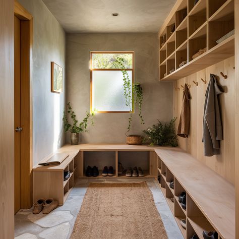 Minimalism Home Design, Japanese Country Home, Swedish Japanese Interior, Japan Scandinavian Interior Design, Japandi Mudroom Design, Minimalist Mudroom Ideas, Japanese Mudroom, Minimal Mudroom, Japandi Garage