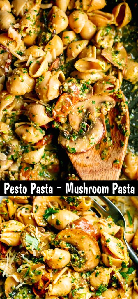 Basil Mushroom Pasta, Pesto And Mushroom Pasta, Chicken Mushroom Pesto Pasta, Homemade Pesto Pasta Sauce, Pesto Pasta With Mushrooms, Pesto Mushroom Pasta, Homemade Pesto Pasta, Mushroom Pesto, Pasta Mushroom