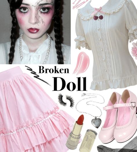 Creepy Cute Costume, Doll Costume Aesthetic, Haunted Doll Halloween Costume, Cracked Doll Costume, Creepy Cute Halloween Costumes, Cracked Doll Halloween Costume, Pink Dress Halloween Costume Ideas, Weird Girl Halloween Costumes, Halloween Pink Costume