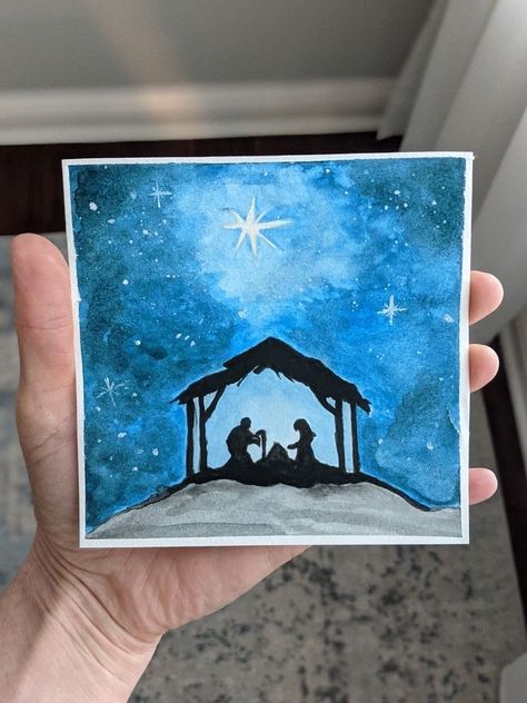 Watercolor Nativity Paintings, Simple Nativity Watercolor, Nativity Watercolor Cards, Watercolor Nativity, Robin Drawing, Watercolor Christmas Cards Diy, Christmas Cards Drawing, Nativity Painting, Christmas Placemat