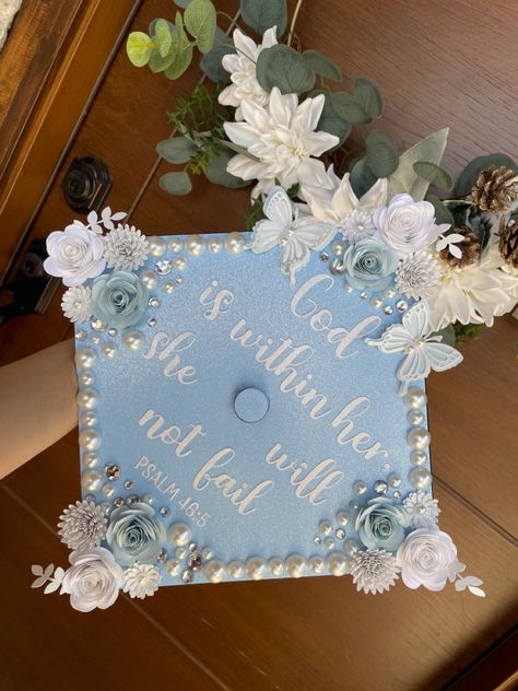 High School Grad Cap Ideas 2023, Classy Grad Cap Ideas, Baby Blue Graduation Cap, Butterfly Grad Cap Ideas, Royal Blue Grad Cap Ideas, Light Blue Grad Cap Ideas, Blue Cap Graduation Decoration, Graduation Cap Designs Butterfly, Graduation Cap Designs Blue And White