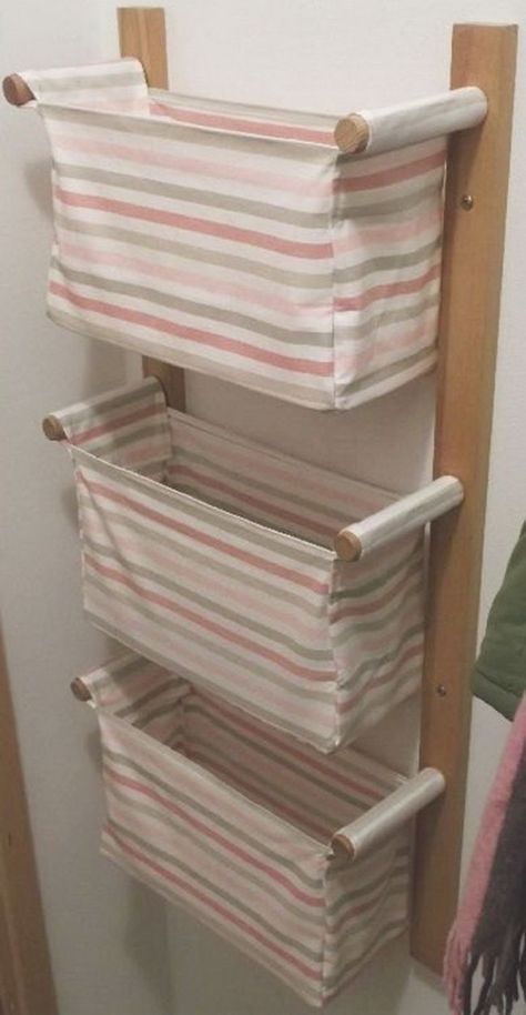 Wall hanging storage with 3 IKEA baskets; no instructions on site.  Could this be made into a clothes hamper for a small space? by beyhan.ertemyesilova Ikea Basket, Wall Hanging Storage, Hanging Storage, Cool Diy Projects, Diy Home Crafts, Diy Bathroom, Toy Storage, Room Organization, Cool Diy