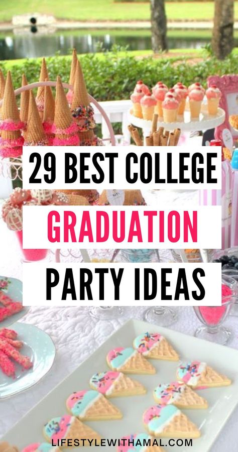 Graduation season is here and if you are looking for the best ideas to throw a grad party you'll remember for years to come, you'll love these college graduation party ideas! From having the best college grad party decorations, and graduation-themed food to fun activities, I'm sharing everything you'll need to throw an epic party! Graduation Party Ideas Grad School, College Graduation Brunch Party Ideas, Classy College Graduation Party Ideas, Winter College Graduation Party Ideas, College Graduation Brunch Ideas, College Graduation Dinner Party Ideas, Simple Graduation Decorations, College Theme Party Ideas, Disney Graduation Party