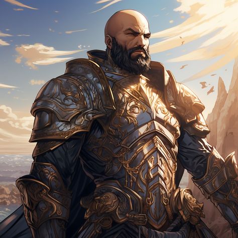 Lathander Dnd, Human Paladin Male, Paladin Rpg, Paladin Character Design, Bald Warrior, Adventurer Costume, Warriors Illustration, Pathfinder Character, Dragon Tales