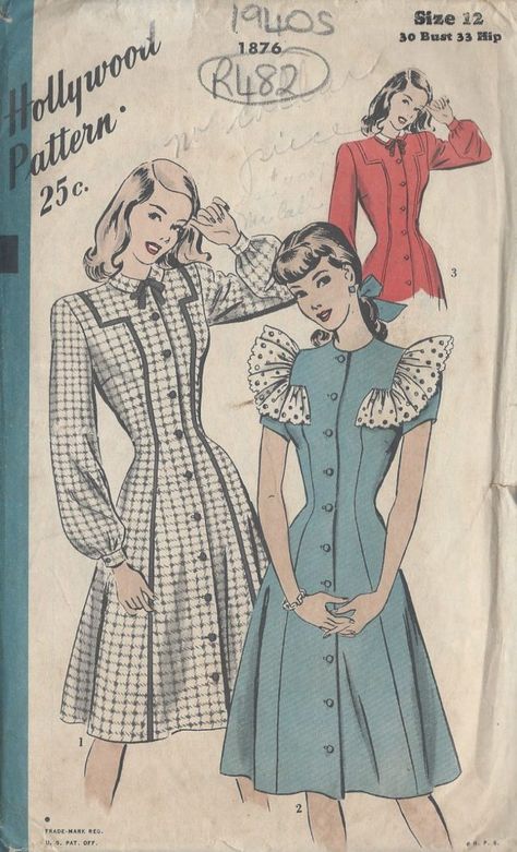 1940s Dress Patterns available from The Vintage Pattern Shop 1940s Dress Pattern, Vintage Clothes Patterns, Vintage Vogue Sewing Patterns, Vintage Dress Patterns, Vogue Sewing Patterns, 1940s Dresses, Pattern Pieces, 1940s Fashion, Pattern Dress