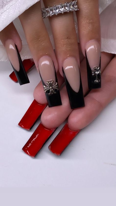 Black French Red Bottom Nails, Black Frenchies Nails Long, Black French With Red Bottoms, Black French Tip Nails Square With Charms, Black Acrylic Nails With Cross Charm, Red Black And Purple Nails, Black Sets Nails, Nail Ideas Red Bottoms, Black French Tip Nails Charms