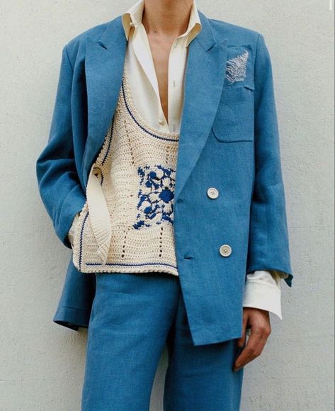 Embroidered Fern, S S Daley, Mens Fashion Photography, Blue Crochet, Shirt Detail, Wardrobe Style, Double Breasted Suit, Silk Shirt, Fashion Inspo Outfits