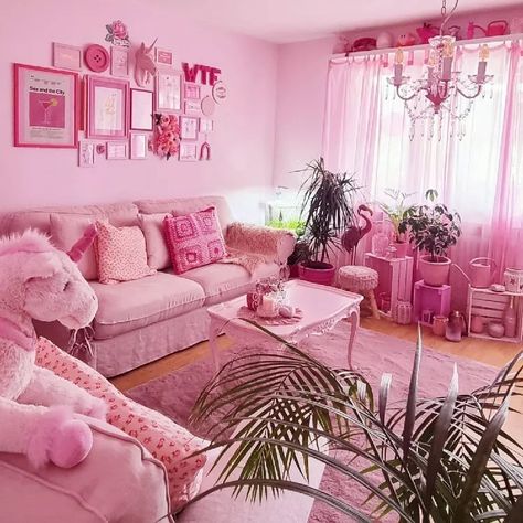 Pink Entertainment Center, All Pink Living Room, Pink Interior Design Living Room, Pink House Aesthetic Interior, Cozy Room Aesthetic Pink, Living Room Pink Walls, Pink Wall Living Room, Pink Living Room Ideas Apartments, Pink Living Room Aesthetic