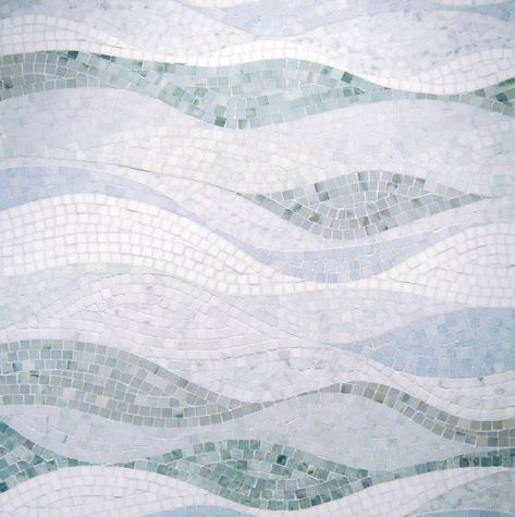 Add a touch of style to your home with the Onda Aqualine Weave Stone Mosaic. This modern stone mosaic seamlessly weaves onto walls and floor to create an intricate pattern with variations of line and color. Materials: Ming Green, Cipolino, Blue Celest, Carrara, Calacatta, and Thassos All Polished. Available in Honed Finish. Pool Mosaic Ideas, Stone Floor Pattern, Coastal Shower Tile Ideas, Mosaic Shower Wall, Hawaii Bathroom, Mosaic Tile Bathroom, Mosaic Bathroom Floor, Wave Tile, Mosaic Waves