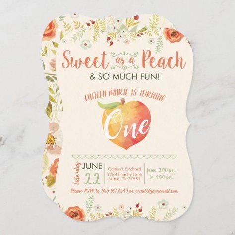 Peach First Birthday, One Sweet Peach, Floral First Birthday, Sweet As A Peach, 21st Birthday Invitations, 1st Birthday Party Invitations, Party Boy, Mermaid Birthday Invitations, 2nd Birthday Invitations