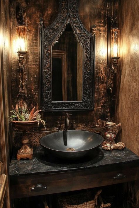 black-vanity-bathroom Bathroom Remodel Mirrors, Black Vanities, Mirror And Sconces, Vintage Bathroom Ideas, Antique Brass Faucet, Glamorous Bathroom, Vintage Style Bathroom, Minimalist Vanity, Black Vanity Bathroom