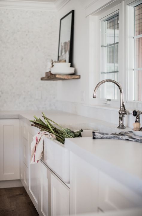 White Concrete Countertops in White Farmhouse Kitchen | boxwoodavenue.com White Soapstone Countertops, White Cement Countertops, Countertops White Cabinets, Cement Countertops, White Granite Kitchen, Kitchen Dining Room Combo, Concrete Countertops White Cabinets, Concrete Countertops Bathroom, Farmhouse Kitchen Backsplash