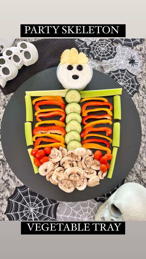 Ryan Armendariz | SKELETON VEGETABLE TRAY ☠️ this is a super fun way to have a vegetable tray at you Halloween party! So easy and so cute! #halloweensnacks 🖤🧡 | Instagram Halloween Party Vegetables, Vegetable Tray, Vegetable Platter, Veggie Tray, Halloween Snacks, Vegetable Dishes, Halloween Party, Skeleton, So Cute