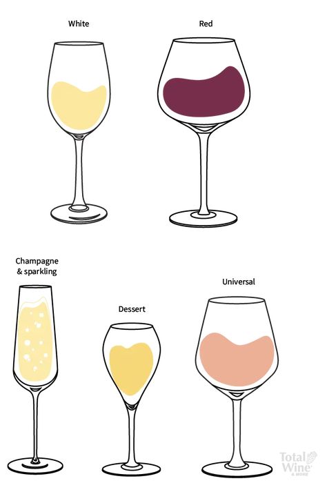 Image shows five different kinds of wine glasses: white wine glass, red wine glass, sparkling wine glass, dessert wine glass, universal wine glass Wine Glasses Illustration, Type Of Wine Glasses, Glass Of Wine Illustration, Alcohol Illustration, Red Wine Illustration, White Wine Illustration, Wine Glass Icon, Dessert Wine Glasses, Types Of Wine Glasses