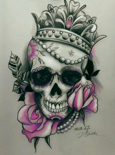 Skull Queen Tattoo, Girly Skull Tattoos, Skull Queen, Queen Skull, Skull Ideas, Tufting Rugs, Skull Coloring, Inspiration Artwork, Feminine Skull Tattoos