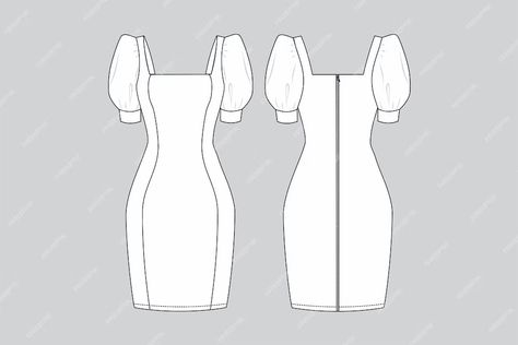 Premium Vector | Square neck dress dress vector technical fashion illustration puff sleeves Puff Sleeves Drawing, Puff Sleeve Technical Drawing, Dress Technical Drawing, Puff Sleeves Blouse, Dress Vector, Flat Drawings, Dress Illustration, Flat Sketches, Puff Dress