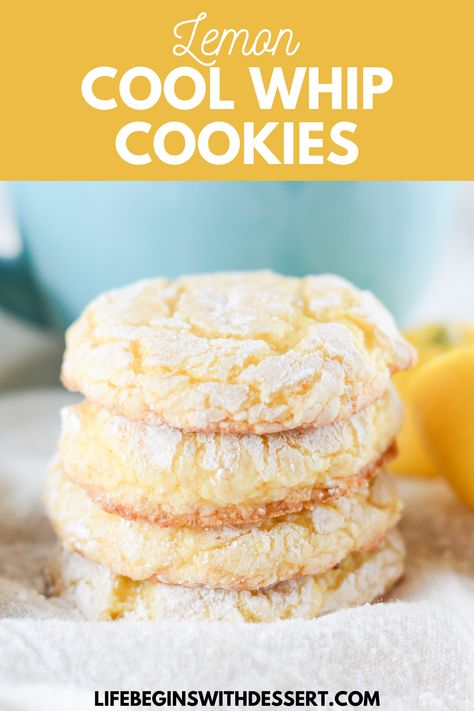 These Lemon Cool Whip Cookies are so easy, you’re going to feel like you forgot something. Delectable whipped cream combines with a tart lemon cake mix to make one delicious crinkle cookie dessert. Quick to stir up and quick to bake these cookies make for a nice last minute take along idea for any get together. #dessert #easydessert #cookies #lemoncookies #cakemixcookies Cake Mix And Cool Whip, Lemon Cool Whip, Lemon Cookie Recipe, Lemon Cake Cookies, Whip Cookies, Recipes With Cool Whip, Lemon Cake Mix Cookies, Homemade Cake Mixes, Cool Whip Cookies