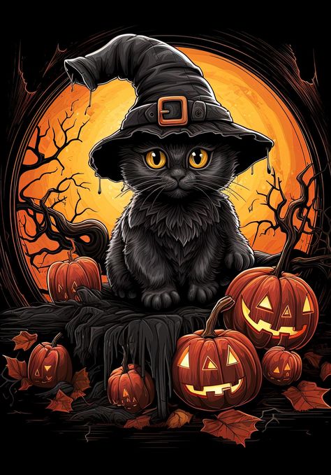 Halloween Facts, Ninja Cats, Halloween Cats, Round Metal Wall Art, Halloween Wallpaper Iphone, Pumpkin Art, Halloween Painting, Halloween Drawings, Halloween Images