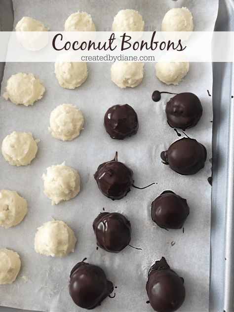 Coconut Bonbons | Created by Diane Coconut Bon Bons Recipe Christmas Candy, Coconut Bon Bons Recipe, Coconut Bonbons, Bonbons Recipe, Chocolate Covered Coconut, Bon Bons Recipe, Finger Desserts, Yummy Candy, Chocolate Bonbons