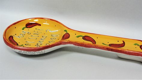 Hot stuff pottery painting spoon rest Spoon Holder Paint Ideas, Spoon Holder Pottery Painting, Spoon Rest Pottery Painting Ideas, Spoon Rest Diy, Pottery Painting Ideas Easy, Spoon Rest Pottery, Painting Clay, Pottery Painting Ideas, Painting Ideas Easy