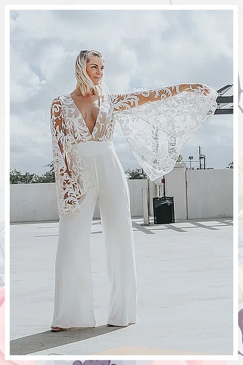 Wedding Jumpsuit The Bride - Just In! Amazing ideas from leading brands to meet your supply needs. Wedding Dress A Line Lace, Lace Wedding Dress A Line, Bohemian Lace Wedding Dress, Jumpsuit Wedding Dress, Bridal Pantsuit, Wedding Dress Jumpsuit, Bride Jumpsuit, Wedding Pantsuit, Wedding Pants