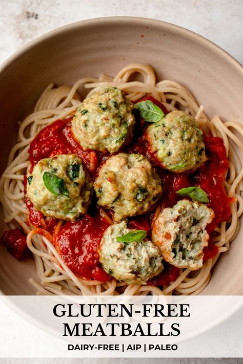 Enjoy these quick and easy Gluten-Free Meatballs baked to tender and juicy perfection. These turkey meatballs are perfectly seasoned to make a flavor-packed dish that’s ready in less than 30 minutes. These grain- and dairy-free meatballs are also paleo and AIP-friendly. #glutenfreemeatballs #bakedmeatballs #turkeymeatballs #paleomeatballs #glutenfreedairyfreemeatballs #spaghettiandmeatballs #easydinnerrecipes #quickdinnerrecipes #groundturkey #easymeatballsrecipe #meatballmeals #meatloafdinner Dairy Free Meatballs, Gluten Free Meatballs Recipe, Gluten Free Turkey Meatballs, Baked Turkey Meatballs, Ground Turkey Meatballs, Gluten Free Turkey, Gluten Free Meatballs, Paleo Appetizers, Turkey Meatballs Baked