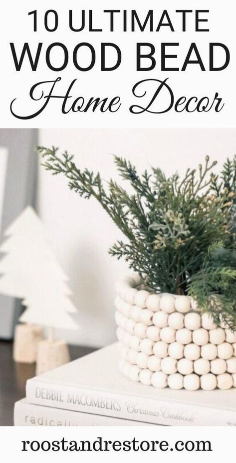 #farmhousedecor #farmhousehomedecor #rustic Decorating With Wood Bead Garland, Wood Bead Decor Diy, How To Use Wooden Beads In Decor, Beaded Decorations Home Decor, Decorative Beads Decoration Ideas, Large Wooden Beads Decor, How To Style Bead Garland, Wood Bead Vase, Farmhouse Beads Diy