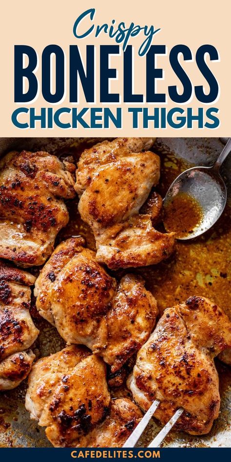 Crispy Boneless Chicken Thighs in a delicious, buttery garlic sauce is the weeknight dinner everyone raves about. Seared boneless chicken thighs cooked right on the stove top are ready in under 20 minutes. Golden garlic edges with juicy centres, swimming in a 5-ingredient sauce. You won’t believe how incredibly delicious this is with minimal effort! Crispy Boneless Chicken Thighs, Stove Top Chicken Thighs, Buttery Garlic Sauce, Chicken Thighs In Oven, Chicken Thighs Dinner, Delicious Paleo Recipes, Easy Chicken Thigh Recipes, Boneless Chicken Thigh Recipes, Chicken Thigh Recipes Crockpot